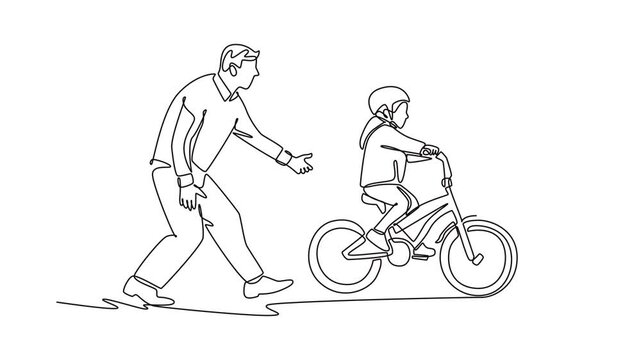 Animated self drawing of continuous line draw man father helping his girl daughter child on bicycle. Parent assisting kid wearing helmet during first bike ride outdoors. Full length one line animation