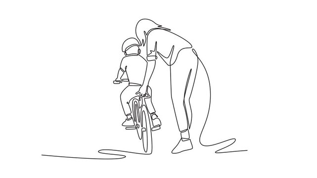 Self drawing animation single line draw mother carefully guiding her child bike from behind. Gentle protection and encouragement of parent during new challenge. Continuous line. Full length animated