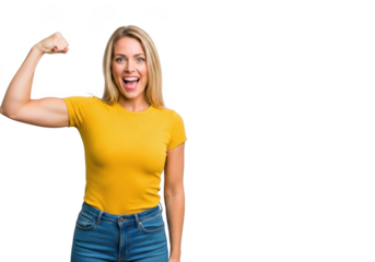 Blonde woman flexing her arm isolated on transparent background to show strength
