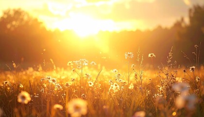 Serene meadow with wildflowers at sunset in a peaceful landscape.