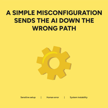Yellow gear illustration on a yellow background, symbolizing system instability and the consequences of simple misconfigurations in artificial intelligence setups.