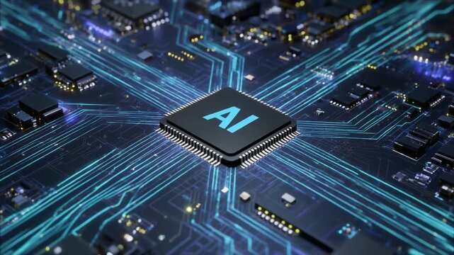 Artificial intelligence chip with glowing light trails emanating outwards on a dark blue and purple background