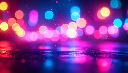 Vibrant Neon Lights Reflection on Dark Surface.