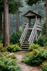 Wooden observation tower overlooking dense pine forest