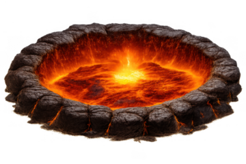 Lava pit with molten rock and glowing fire, concept of danger, hell, heat, and volcanic activity on transparent background