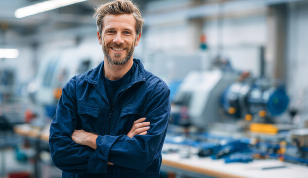 Smiling confident man with a well-groomed beard and short brown hair, wearing a blue work jacket, standing with arms crossed in an industrial manufacturing facility