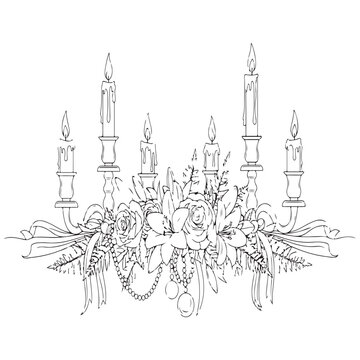 Ornate candelabra illustration with glowing candles, intricate floral decorations, flowing ribbons, and delicate beadwork, ideal for elegant celebrations and festive designs