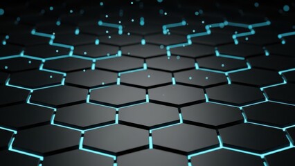 Abstract dark hexagonal background with bright blue glowing lines and futuristic geometry