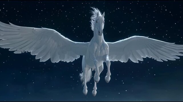 Mythical Winged Horse Pegasus Floating in Dark Blue Fantasy Sky Magical Dreamlike Illustration