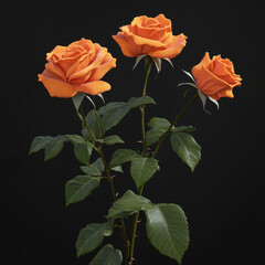 Fototapeta premium Orange rose bouquet with three blooms, green thorny stems, glossy leaves, romantic floral elegance and warm mood