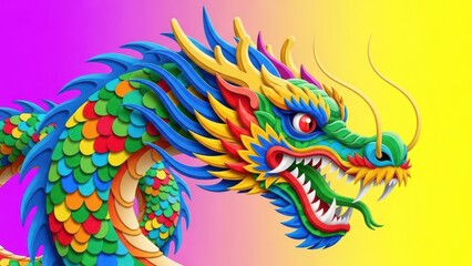 Colorful paper cut dragon head illustration on vibrant pink and yellow gradient