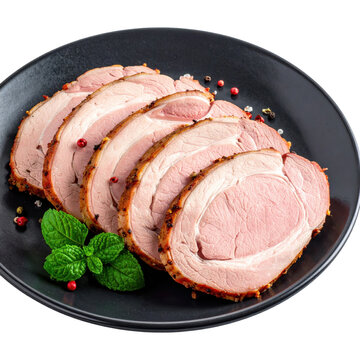 Juicy slices of arista di maiale roast pork arranged neatly, highlighting the tender meat and herb crust, isolated on a white background