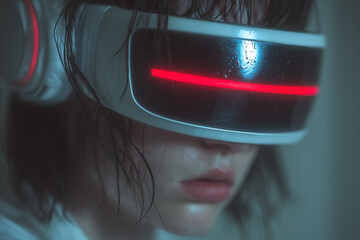 Young woman wearing futuristic vr headset with red light in dim lighting