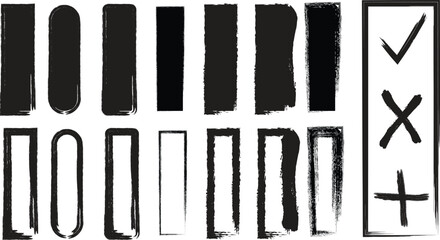 Abstract black brushstrokes and geometric shapes create a modern artistic composition with a checkmark symbol