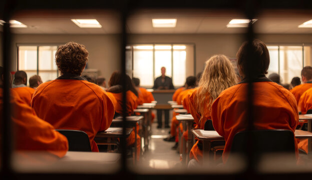 Prison classroom with inmates wearing orange jumpsuits seated at desks, facing a judge or instructor in a correctional facility setting