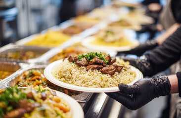 Professional chef in black gloves serving savory rice dish topped with tender beef and fresh herbs in a busy kitchen