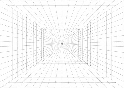 a black and white image of a grid tunnel with a vanishing point