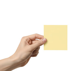 Hand holding a yellow sticky note isolated on transparent background
