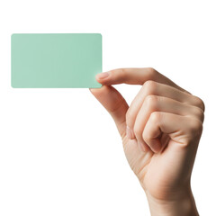 Fototapeta premium Hand holding a small green card or label isolated on transparent background