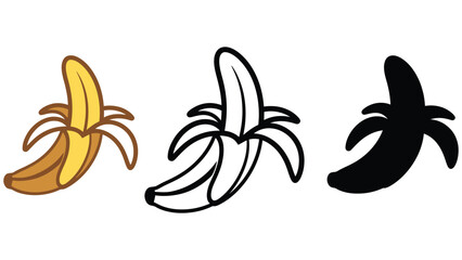 A peeled banana shown in three styles: colored, outline, and silhouette, representing healthy food options.