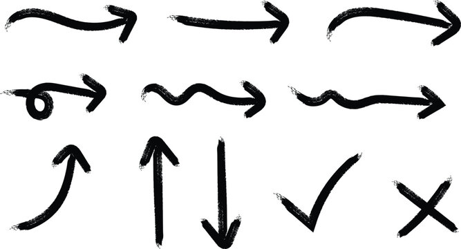 A collection of hand drawn black arrows checkmarks and an x mark on a plain white background
