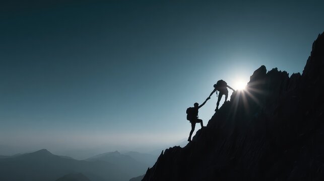 Helping Hand: Mountain Peak Success & Sunrise