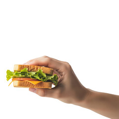 Hand holding a sandwich with lettuce and cheese isolated on transparent background