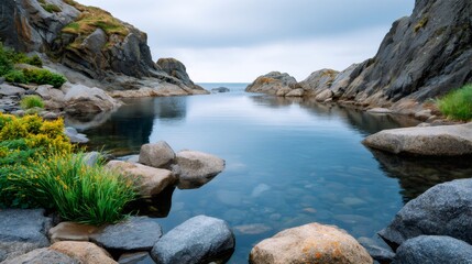 Rocky coastal cove with clear blue water and rugged cliffs