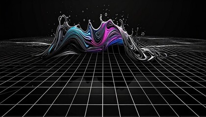 Abstract 3D wave pattern on grid background with neon colors.