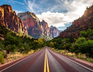Fototapeta premium Scenic road winding through a canyon towards towering red rock formations