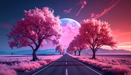 Serene pink landscape with trees lining an empty road under a vibrant sky.