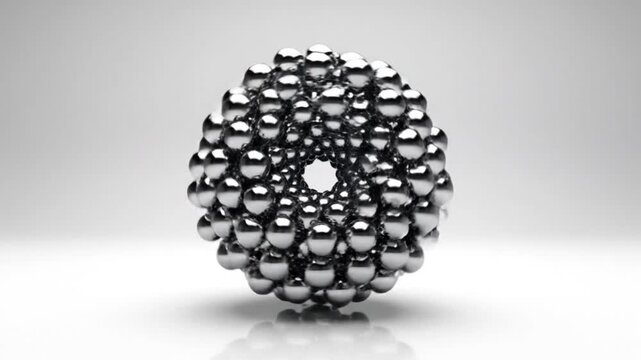 A metallic sphere composed of smaller spheres on a white surface with a gradient gray background