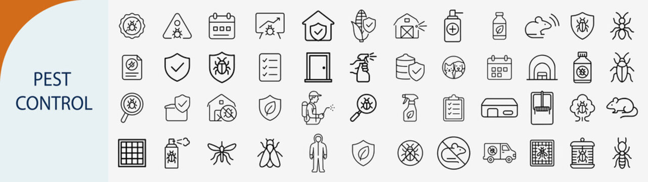 Pest control and disinfection line icons set for insect protection, hygiene.