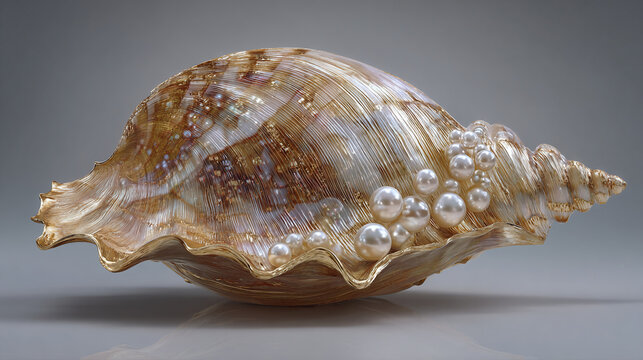 A detailed shot of a seashell brimming with pearls, showcasing its unique textures and the iridescence of the pearls