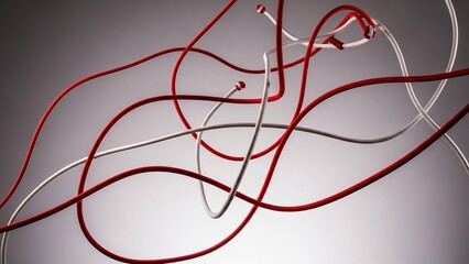 Entangled red and white cables