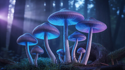 Fototapeta premium Glowing blue mushrooms in a dark forest scene on transparent background