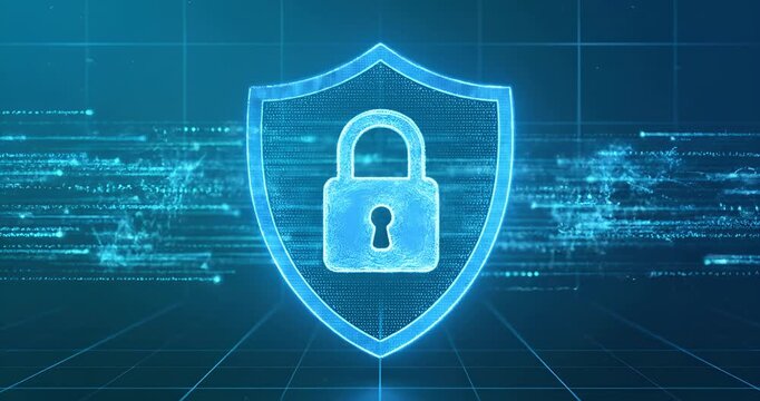 Cybersecurity shield with padlock protecting digital data