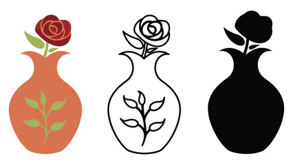 Elegant vase with a single rose in three distinct styles: colored, outlined, and silhouette.