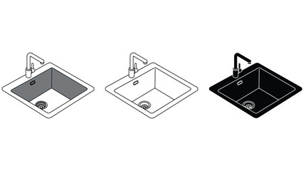 Modern kitchen sink and faucet illustrated in three distinct styles: outline, color, and solid black.