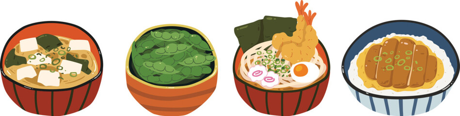 et of Japanese Food Ramen, Katsudon, Edamame and Miso llustration