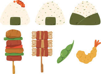 Set of Onigiri, Yakitori and Edamame Japanese Food Illustration