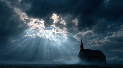 An ethereal church silhouette under dramatic sun rays breaking through clouds