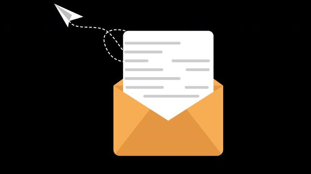 Open envelope with letter and flying paper plane email marketing loop animation