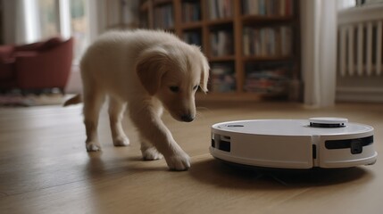Curious Puppy Approaching a Robotic Vacuum Cleaner in a Cozy Living Room Environment