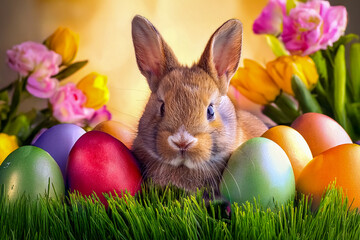 Ein Osterhase im Gras mit bunten Ostereiern und Fr&uuml;hlingsblumen