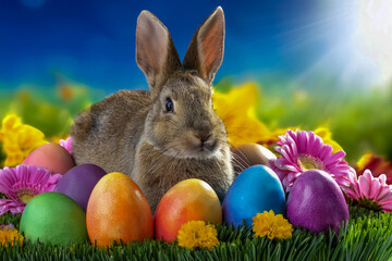 Ein Osterhase im Gras mit bunten Ostereiern und Fr&uuml;hlingsblumen