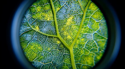 Close-up of Intricate Leaf Structure Revealing Veins, Cells, and Textures in Vibrant Green and Yellow Shades