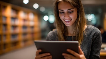 Young Woman Smiling While Using Digital Tablet in Cozy Library Setting with Blurred Bookshelves in Background