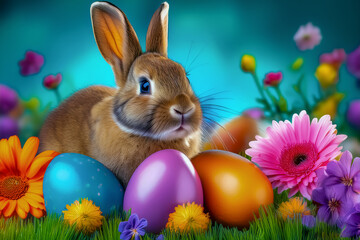 Ein Osterhase im Gras mit bunten Ostereiern und Fr&uuml;hlingsblumen