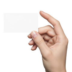 Obraz premium A hand holding a blank white business card isolated on transparent background